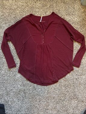 Free People Burgundy Ribbed Henley Long Sleeve Top